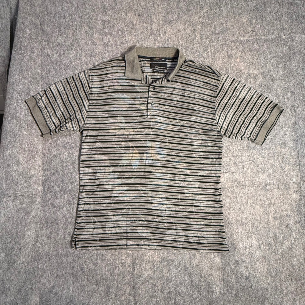 Greg Norman Mens Medium Striped Mercerized 2-Ply Cotton Golf Polo Shirt‎ Grey